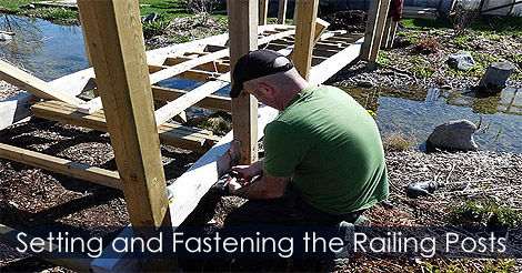 Set garden bridge railing posts - Fastening pond bridge posts - How to build an arched pond bridge