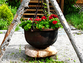Cast iron planter hanging to a tripod
