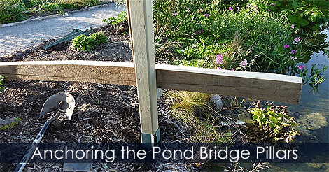 Anchoring garden bridge pillars - Curved Backyard bridge pillars - Wooden bridge posts - Pond bridge construction