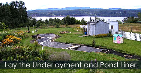 How to build a garden stream - Lay the underlayment and a pond liner into the streambed - Firestone pond liner