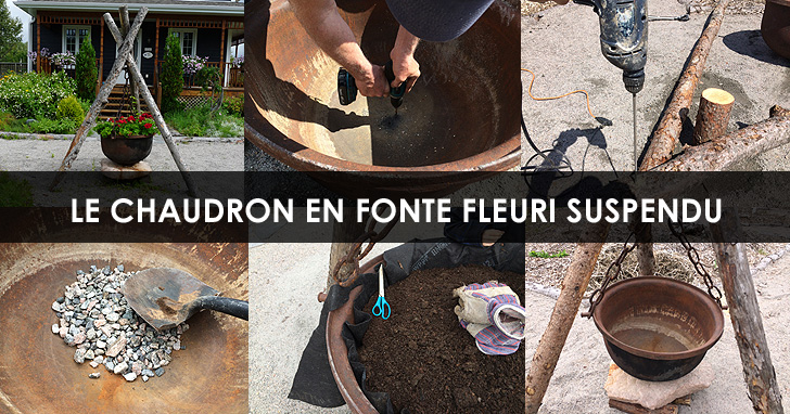 Jardinage en pots - Chaudron en fonte suspendu fleuri
