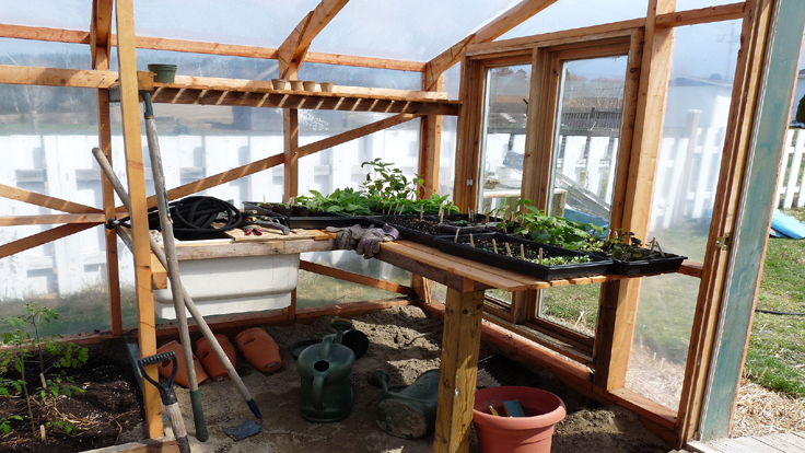 Table de rempotage dans une serre de jardin